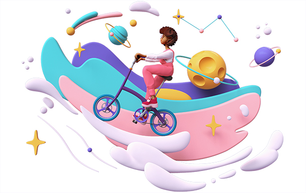 illustration of a girl riding a bike in space