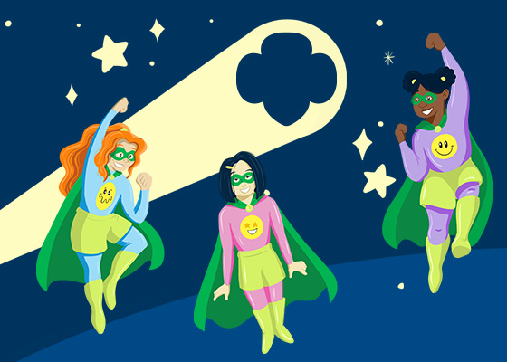 A cartoon of three Girl Scout Super Heroes