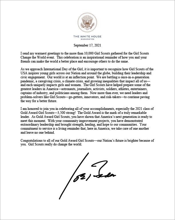Message from President Joe Biden to Girl Scouts of the USA