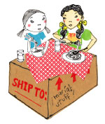 Illustration of two girls eating on top of shipping boxes. (Illustrator: Linden Elstran, Six Sisters Design)