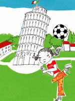 Illustration of a girl kicking a soccer ball in front of the Leaning Tower of Pisa. (Illustrator: Linden Elstran, Six Sisters Design)