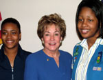 Photo of two Girl Scouts with Senator Elizabeth Dole
