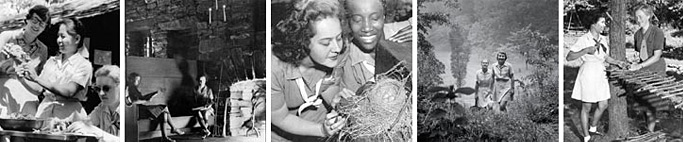 Photo of two women examining a bird's nest, circa 1947. © GSUSA. All rights reserved.