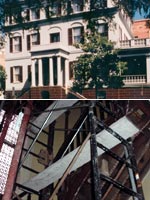 Top: photo of the Birthplace exterior. Bottom: photo of the staircase under construction. © GSUSA. All rights reserved.