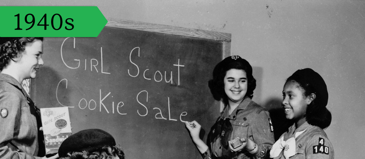 Girl Scout Seniors and Intermediates plan for the Girl Scout Cookie sale, 1940s. 