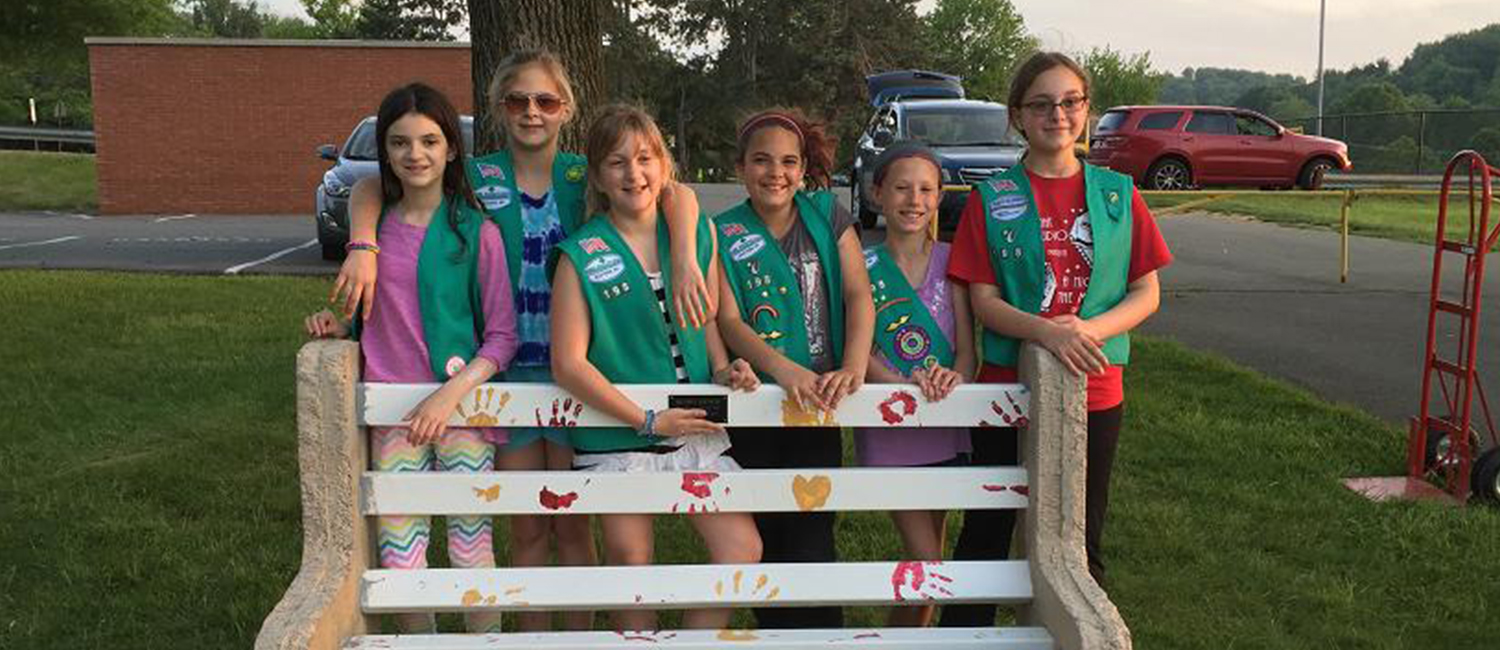  Girl Scouts show off their awesome Buddy Bench at Cumru Elementary in Eastern Pennsylvania. 